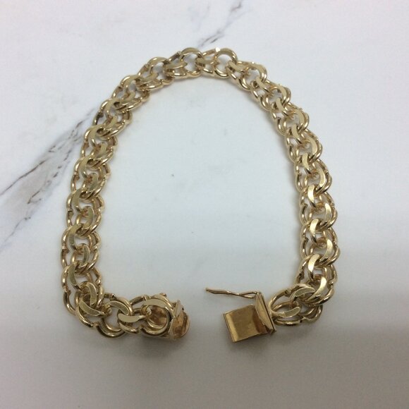 14K Yellow Real Solid Gold 8.8mm double Circle Curb Link Charm Bracelet 8'' 27.5 - Picture 3 of 8